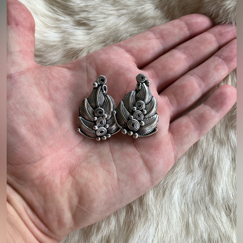 Handmade Sterling Silver Leaf Swirl Statement Earrings - Picture 2 of 4